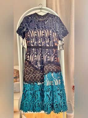Self-Portrait Navy and Teal Floral Lace Midi Dress